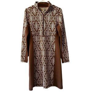 Sahalie Anthropologie Jacquard Sheath Dress Sz M Brown/White Stretch Knit Ribbed